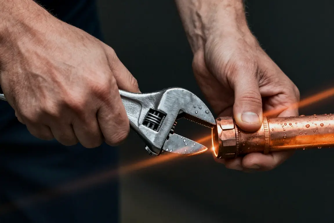 Plumber's hands with wrench on copper pipe